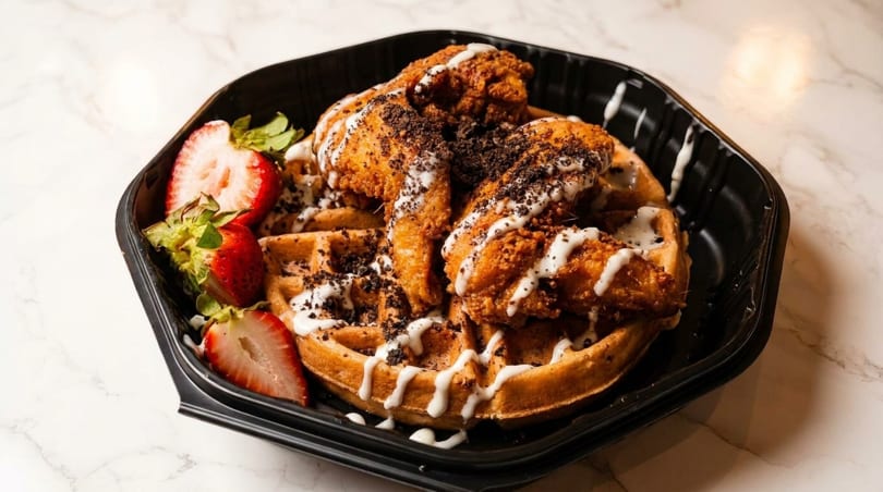 Fried chicken and waffles drizzled with white sauce and cookie crumbles, served with strawberries.